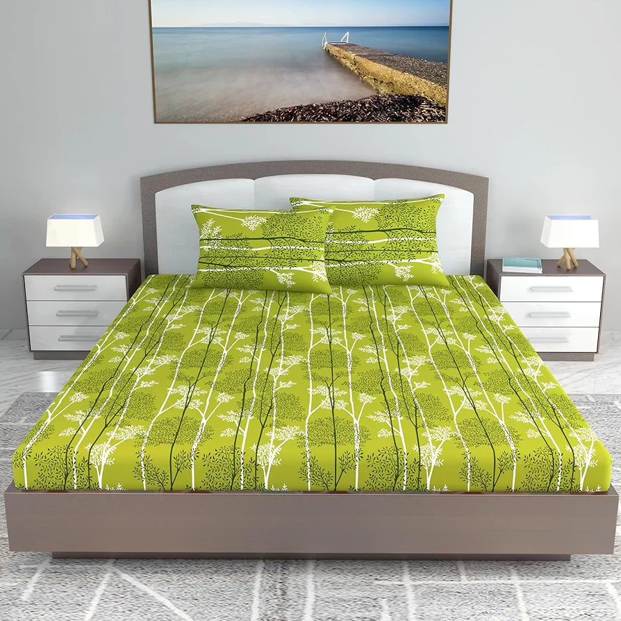 Divine Casa 144 TC 100% Cotton King Bedsheet with 2 Pillow Covers Floral Pattern Colour Tree Green