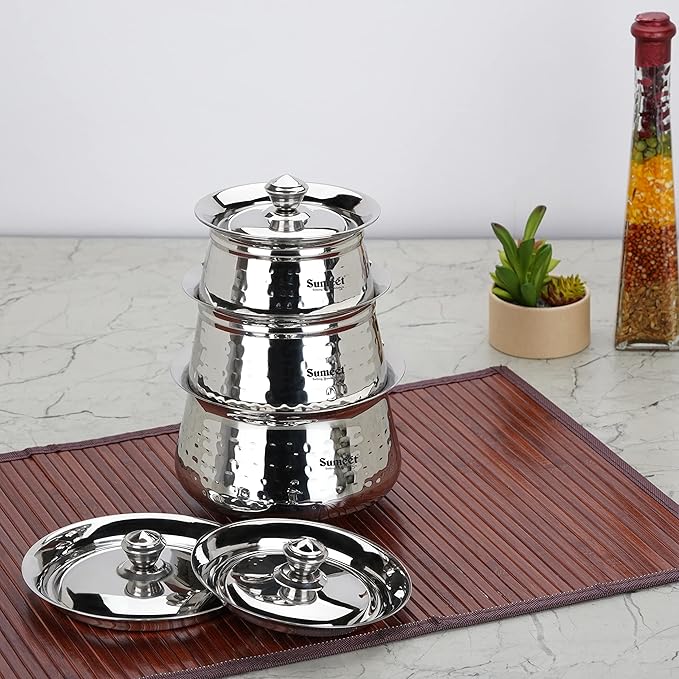Sumeet Stainless Steel Handcrafted Hammered Texture Handi Set with Lid Set