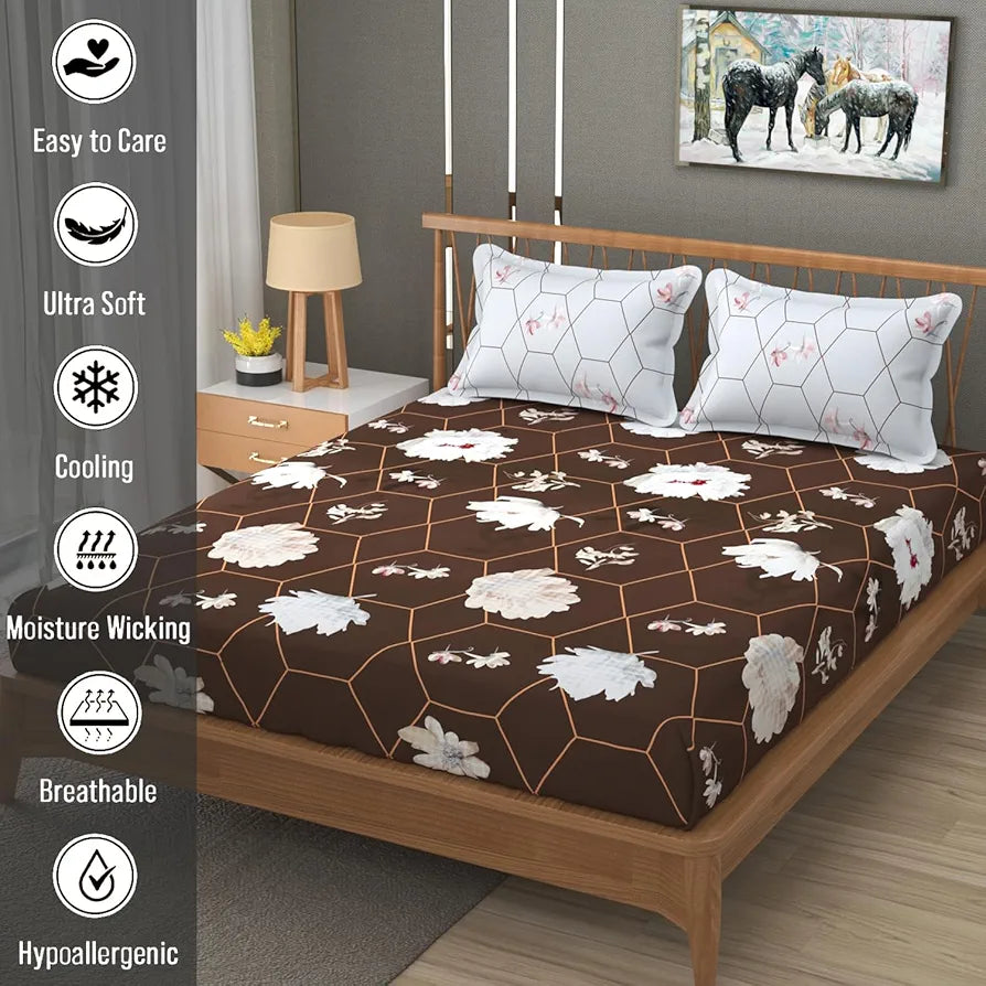 Fresh From Loom Floral Microfiber Cotton King Size Bedsheet for Double Bed 240 TC Soft Bed Sheet with 2 Pillow Cover Hexagon Brown