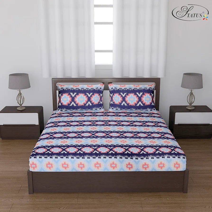 Status Contract Spring Cotton Rich Double Bedsheet with 2 Pillow Covers Colour Blue