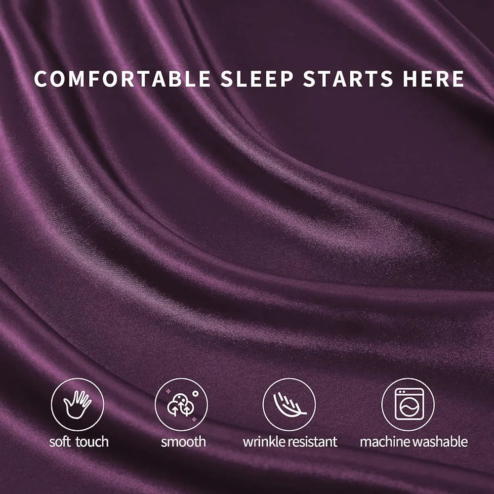 Cloth Fusion Solid 280 TC Satin Elastic Fitted Bedsheet for Double Bed King Size with 2 Pillow Covers Wine