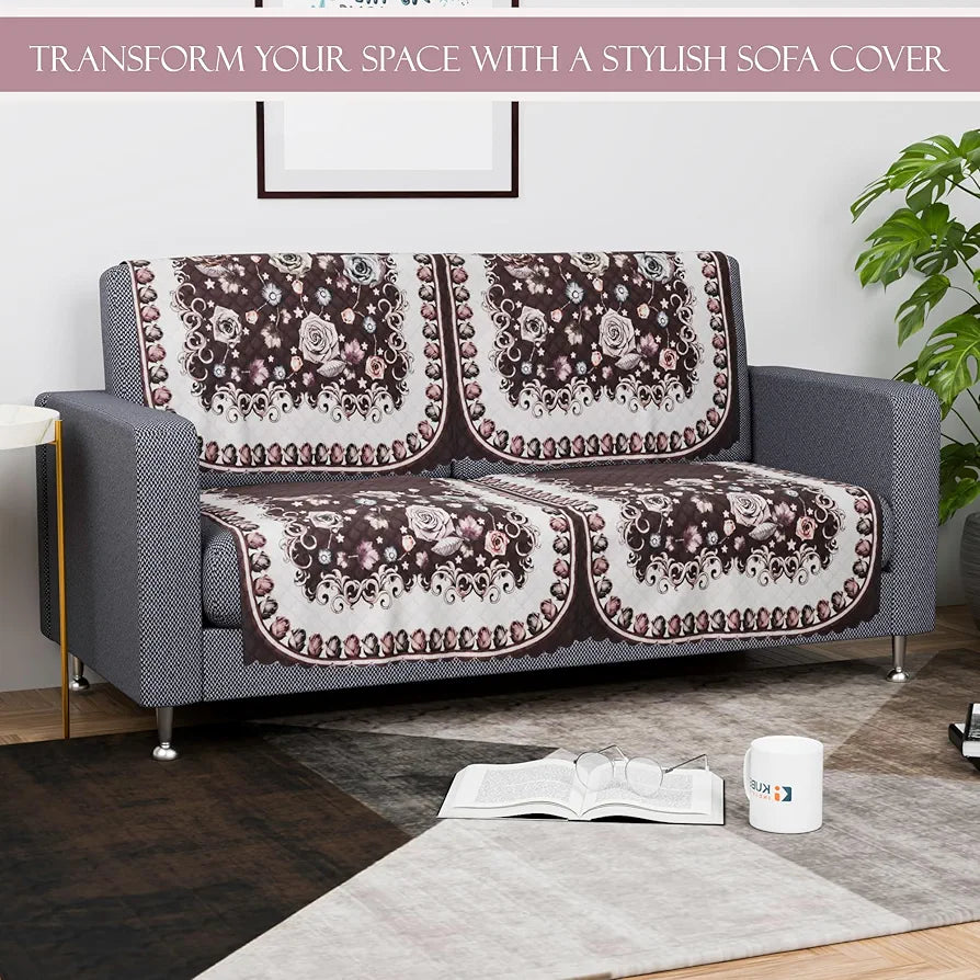 Kuber Industries Set of 6 Durable 2+1 Seater Sofa Covers Gulab White Brown