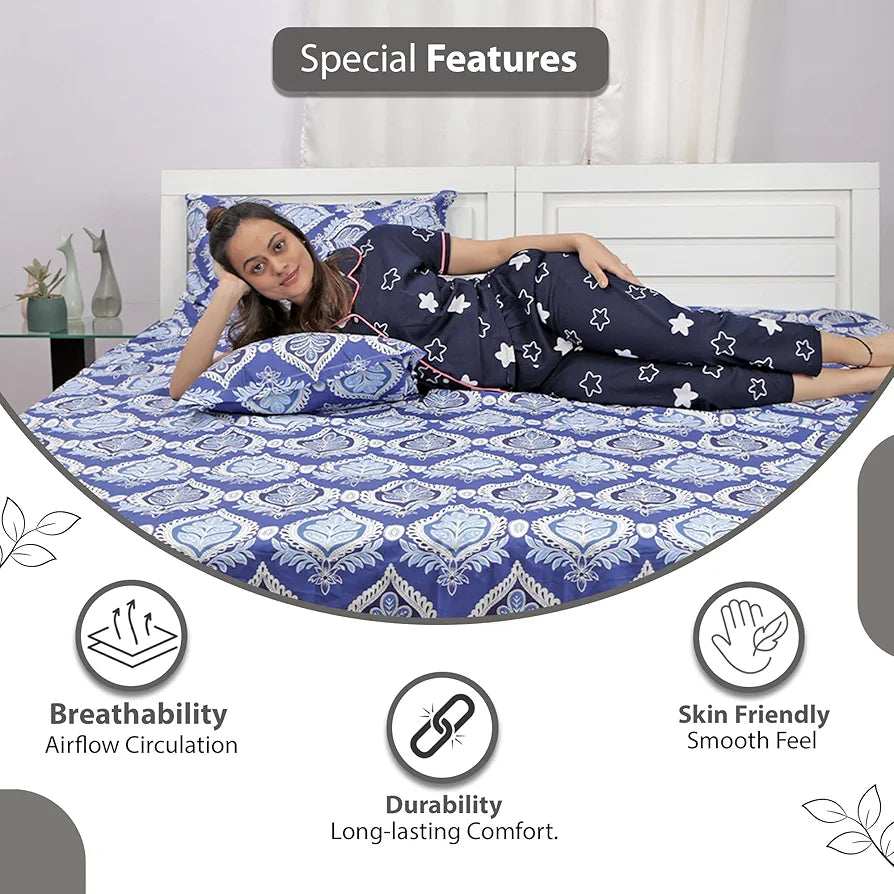 Divine Casa 100% Cotton Bedsheet for Single Bed, 144 TC Bedsheet Single Size Bed Cotton with 1 Pillow Cover Colour Dazzling Blue