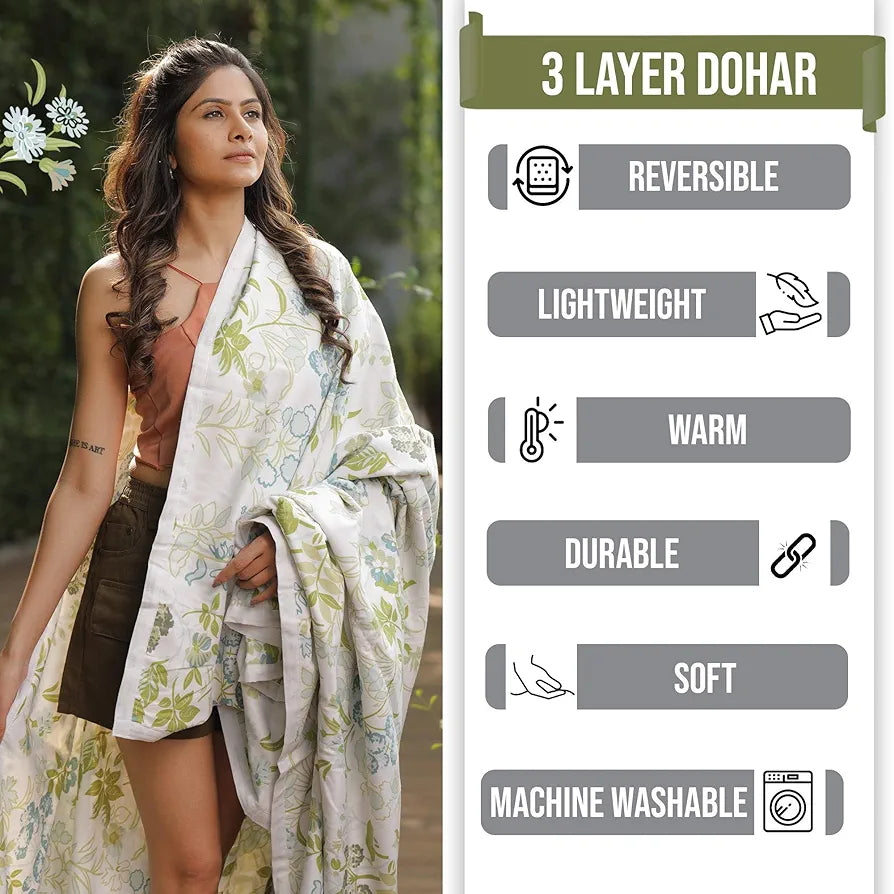 Divine Casa Floret 100% Cotton Double Dohar 120 GSM Soft & Lightweight Throw Blanket Colour Floral Breeze