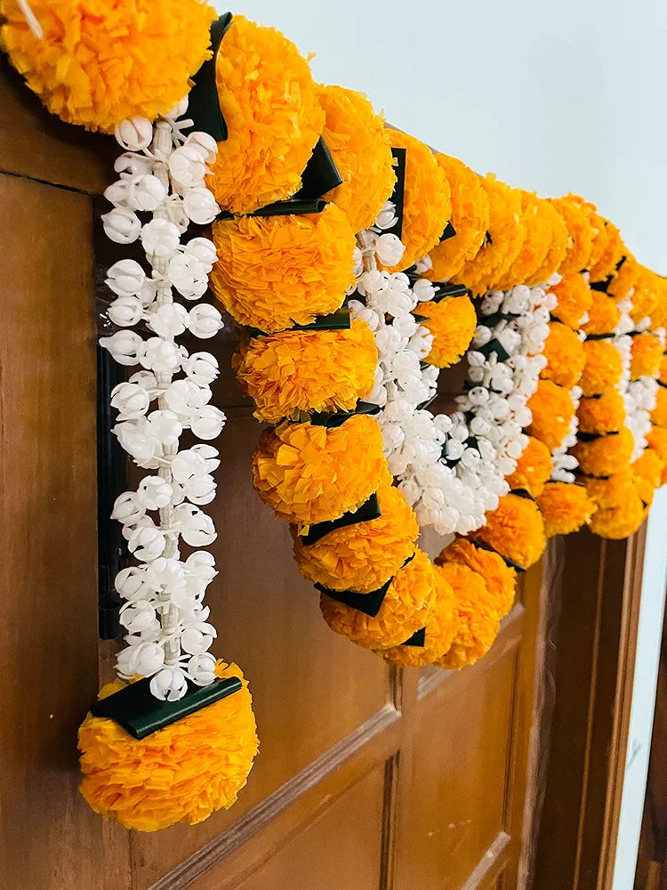 Artificial Marigold Fluffy Flowers Garlands Door Toran Set/Door Hangings Light orange with Jasmine and leaves