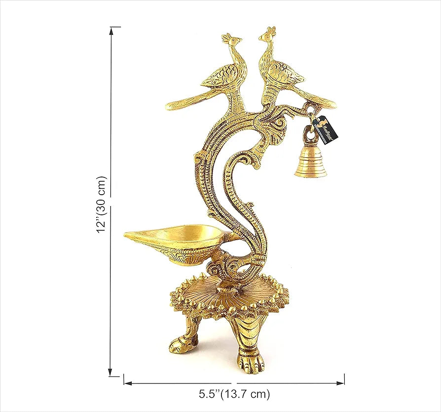 Two Moustaches Brass Ethnic Carved Twin Peacock Design Over Diya