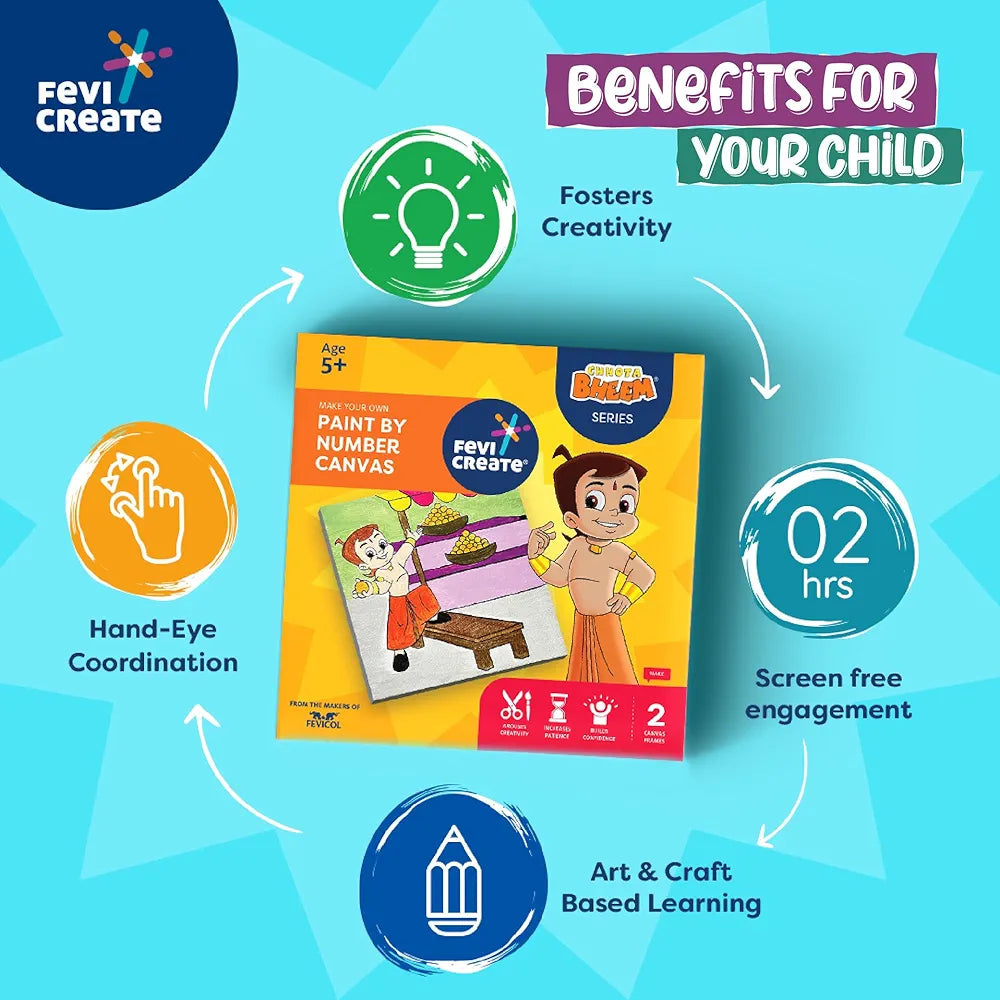 Fevicreate Chhota Bheem Chhutki Paint by Numbers Kit | With 2 printed canvas for painting | All in one DIY Kit | Birthday Gift | Screen-Free Learning | By Fevicol | Best Gift for Boys & Girls 5+ years