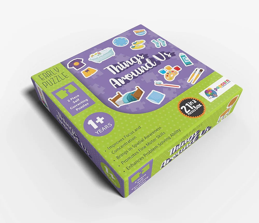 Popcorn Games & Puzzles Things Around Us - 2 Piece Self Correcting Puzzles | 21 Puzzles In A Box & Art And Craft Activity Book A For 3-4 Year Old Kids With Free Craft Material,Multicolor