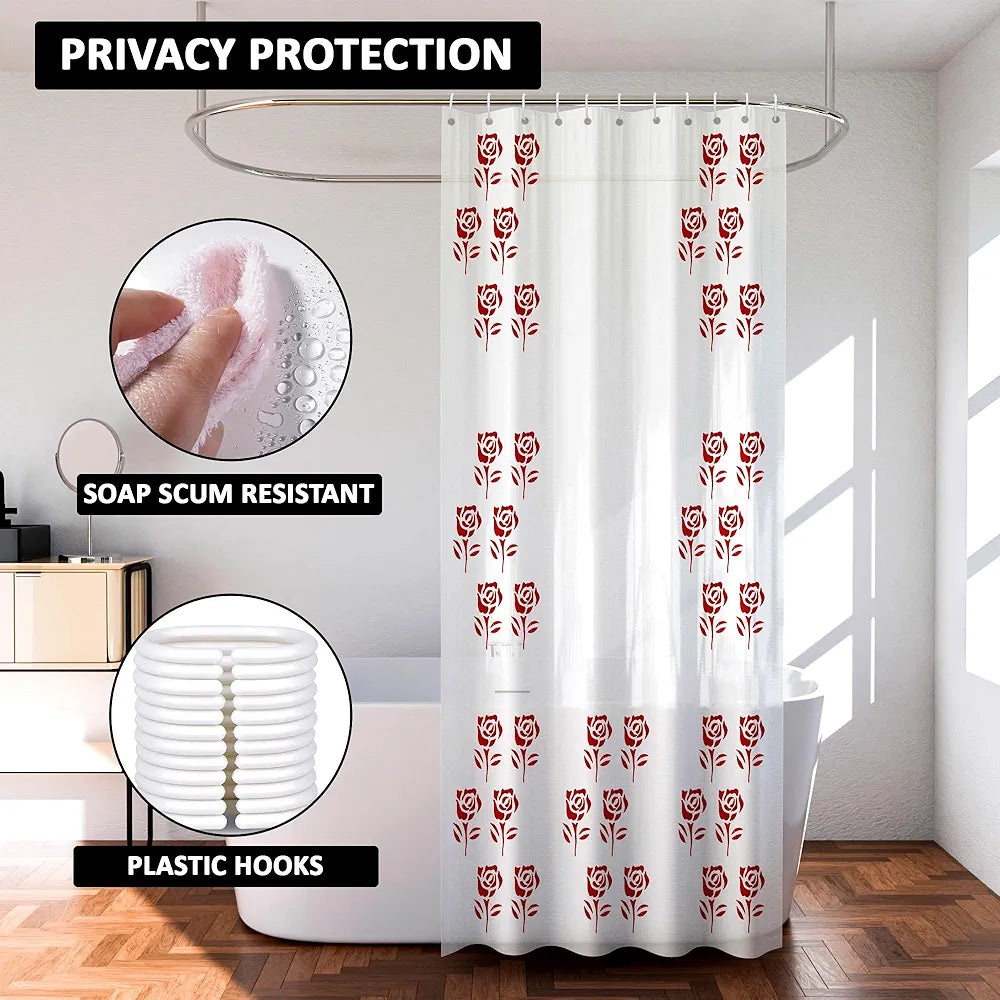 Kuber Industries Shower Curtain Bathroom Shower Curtain 8 Rings Curtain Red Painting Transparent