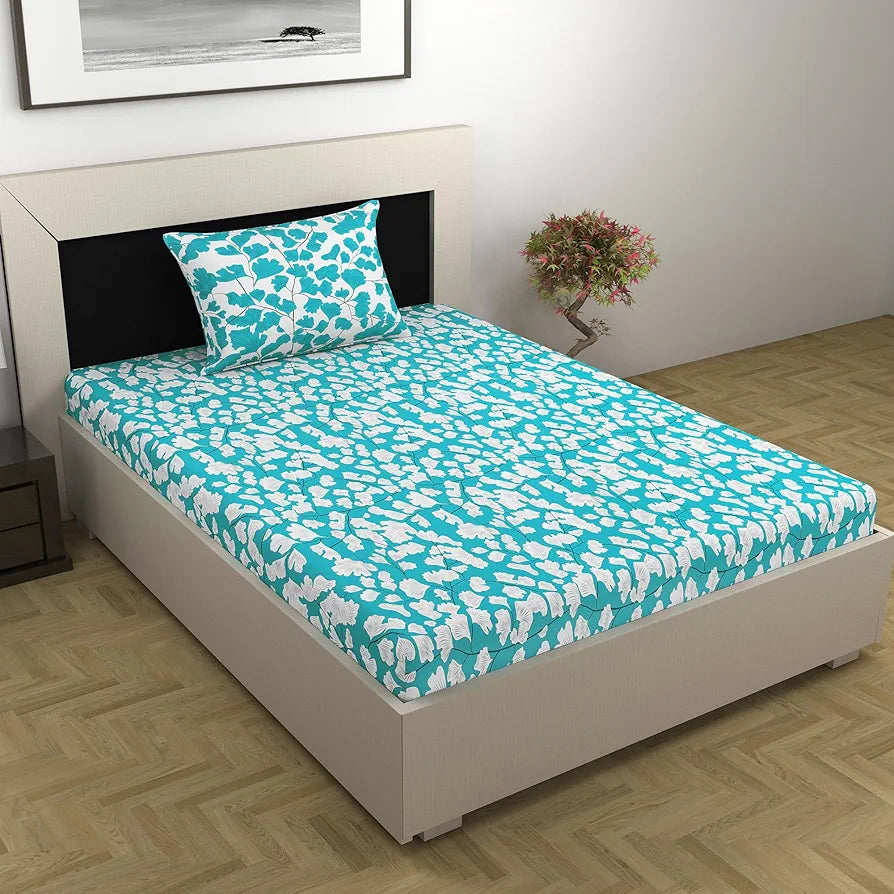 Divine Casa Bedsheet for Single Size Bed 144 TC Cotton Bedsheet for Single Size Bed with 1 Pillow Cover  Floral Colour Aqua & White