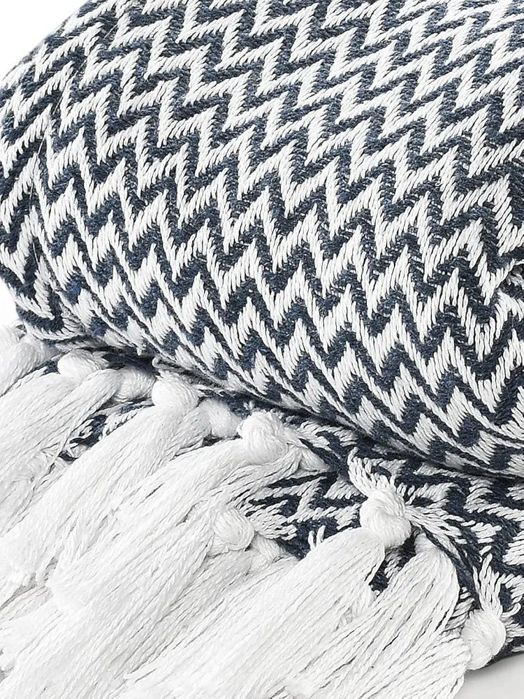 Chevron Throw Blanket Handwoven with Fringes Colour Navy