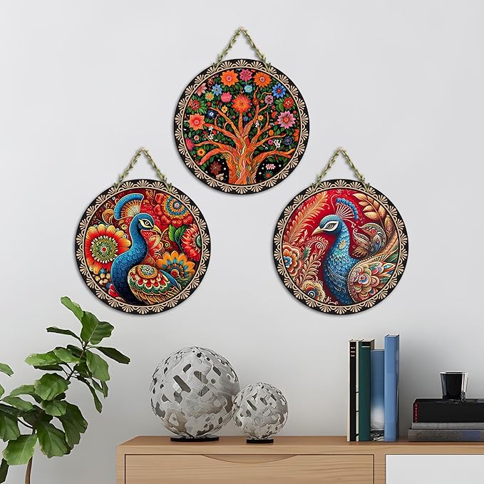 Artvibes Decorative Peacock Art Wooden Wall Hanging Decoration Items for Home | Set of 3