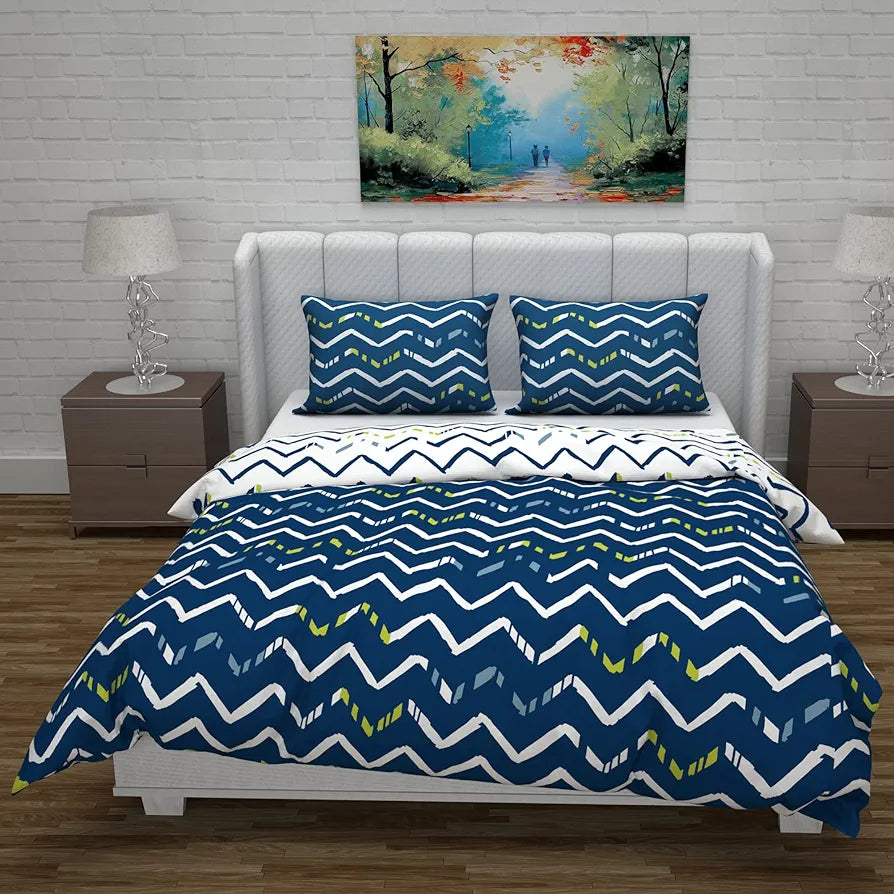 Divine Casa Micro Polyester Reversible Double Bed Queen Size Floral Printed Duvet Cover Colour Dark Blue and White