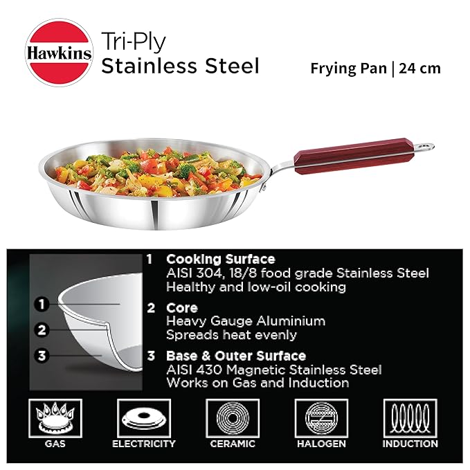 Hawkins 24 cm Frying Pan Triply Stainless Steel Fry Pan Silver