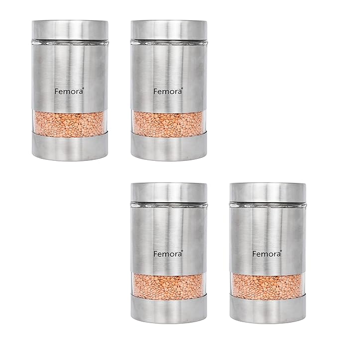 Femora Metallic Clear Glass Kitchen Storage Jar | 1000 Ml | Set of 4