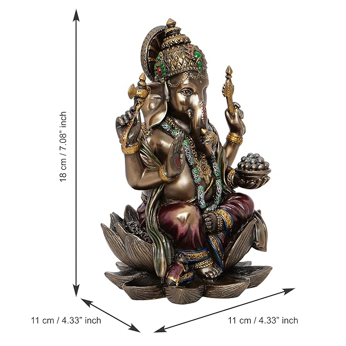 Ecraftindia Handcrafted Polyresin and Bronze Chaturbhuj Lord Ganesha Idol Sitting on Lotus Flower Decorative Statue for Home