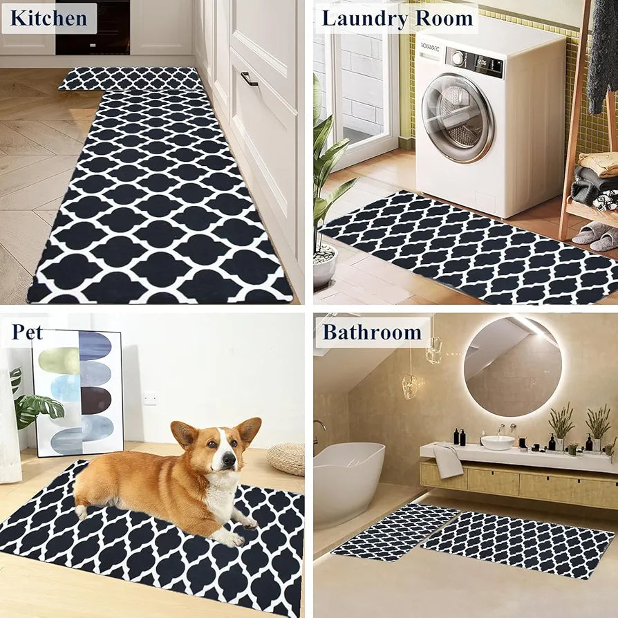 Ishro Home Kitchen Mats For Floor Anti Slip Waterproof Set Of 2 Pcs Colour Black Diamonds