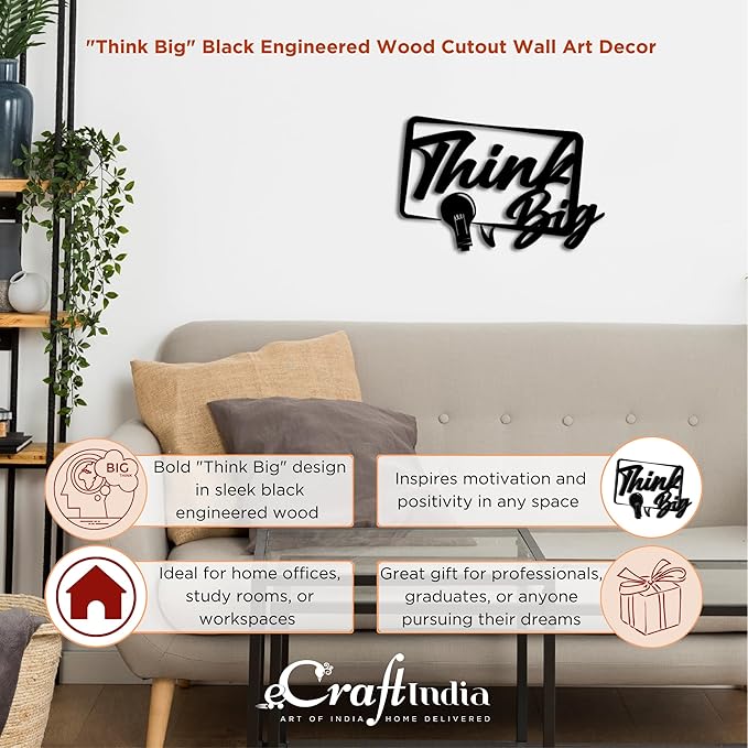 Ecraftindia Think Big Black Engineered Wood Wall Art Cutout | Ready to Hang Home Decor