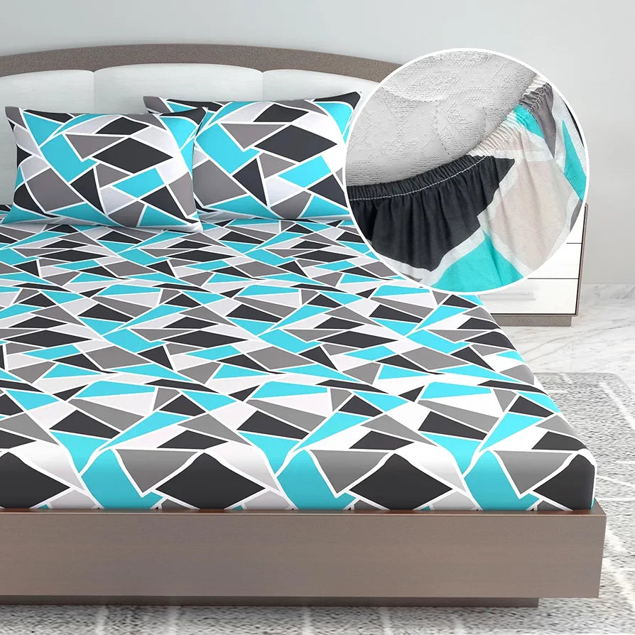 Divine Casa 144 TC 100% Cotton Abstract Print Blue Super Soft Bedsheet Elastic Fitted King Size Bed Colour Crystal Teal