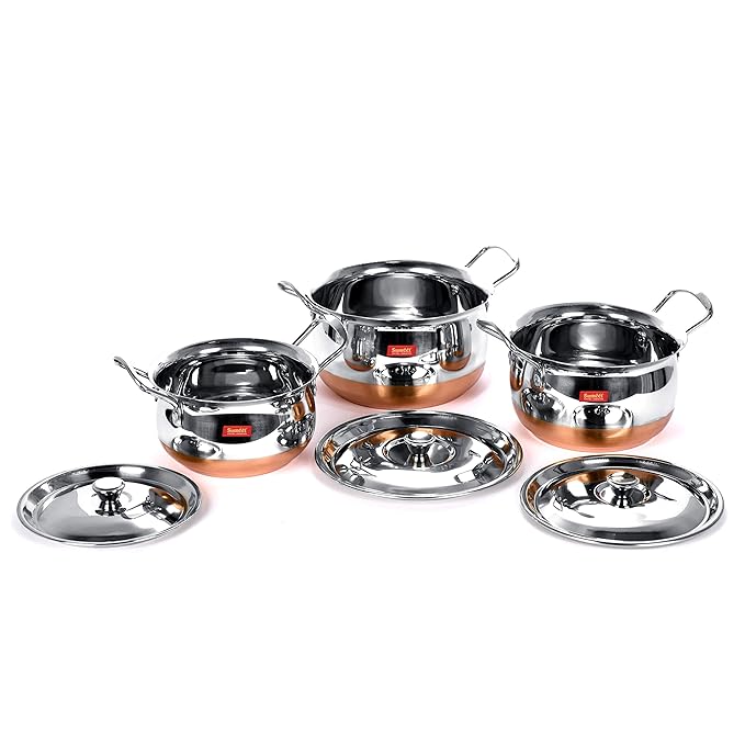 Sumeet Stainless Steel Handi Set With Lid| 1.1, 1.6 2.1 Liters| 3 Piece (Multicolour)