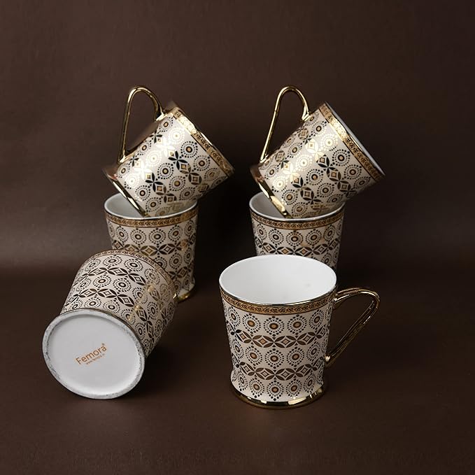 Femora Traditional Circles With Leaves Pattern Golden Tea Mugs | Coffee Mugs | 180 Ml | Golden | 6 Pcs Set | Not Microwave Safe