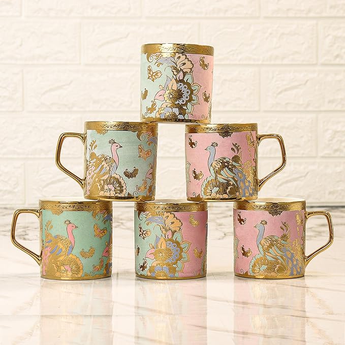 Femora Bone China Gloden Tea Cup | Butterfly & Peacock | 160 Ml | Peach