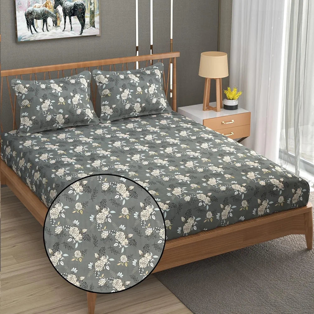Fresh From Loom King Size Microfiber Fitted Bedsheet Set with Floral Print 240 TC Anti Fade 2 Pillow Covers Rose Oslo Grey