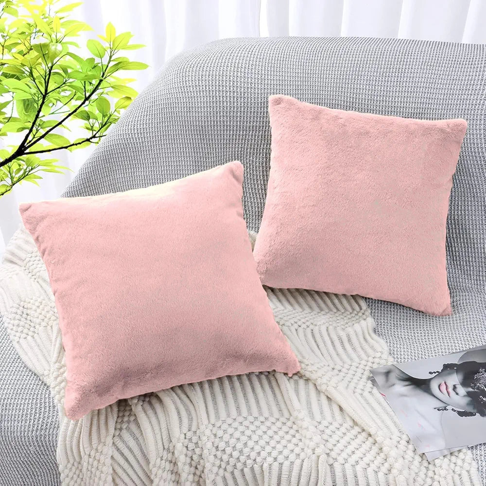 Luxe Home Cushion Cover Duble Side Rabbit Fur Plain Design Covers Set of 2 for Sofa Colour Peach