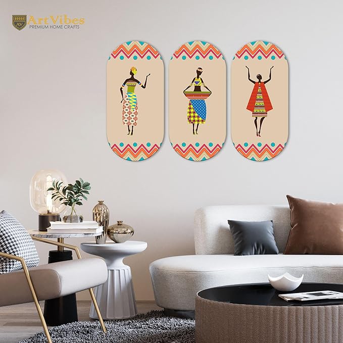 Artvibes African Women Dancing Warli Art Wooden Wall Hanger for Home | Set of 3