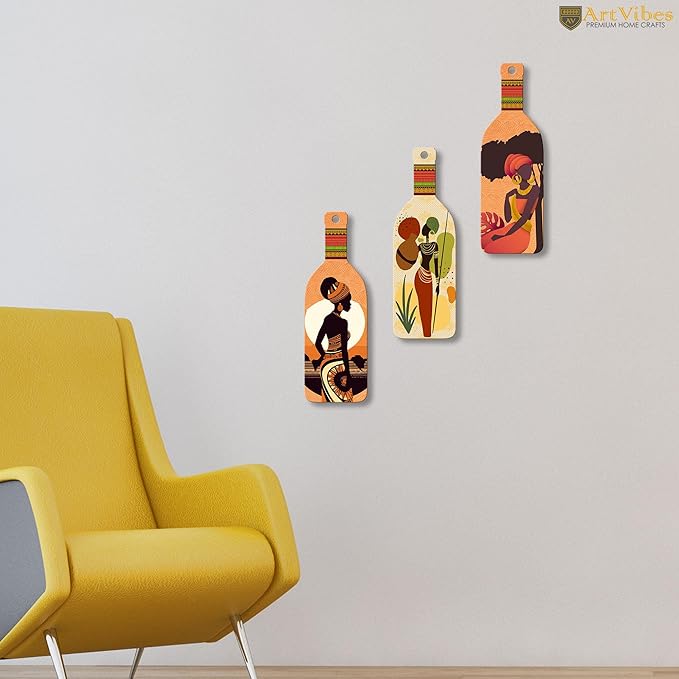 Artvibes African Warli Art Wooden Wall Hanging for Home Decor | Set of 3