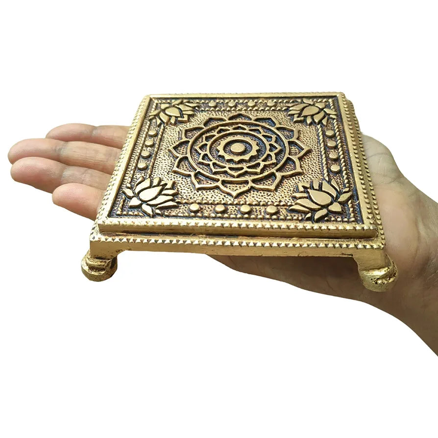 anciently Brass Pooja Chowki Square with Lotus Design | Sqaure Brass Chowki for Puja, Brass, Gold Colour, 1 Piece 