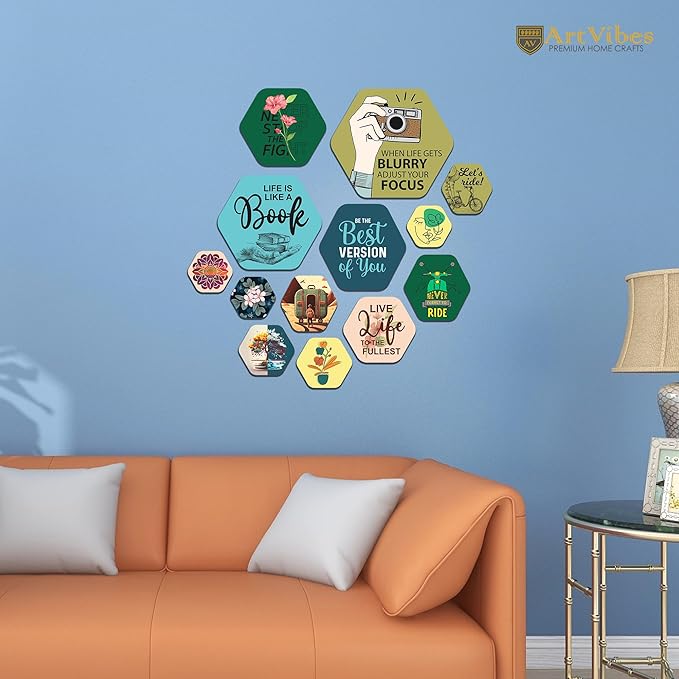 Artvibes Decorative Wooden Wall Hanging Decoration for Home | Quotes Decor Item Pack of 13 Pieces