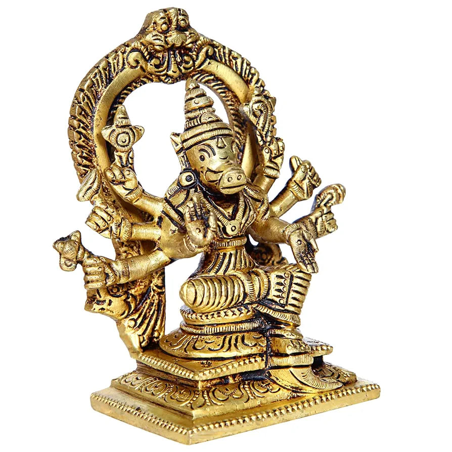 Anciently Brass Varahi Amman Statue with Thiruvachi, Medium, Gold Colour - 