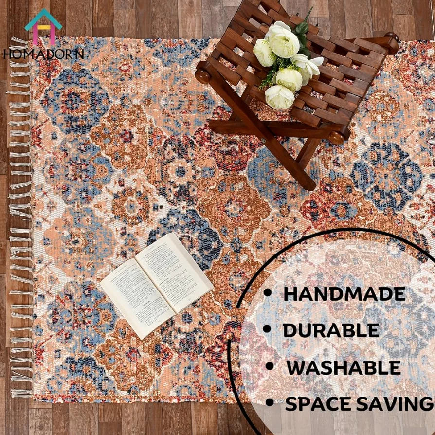 Homadorn Handmade Sustainable Printed Modern Dhurrie/Rugs/Carpet Colour Multicolor 014
