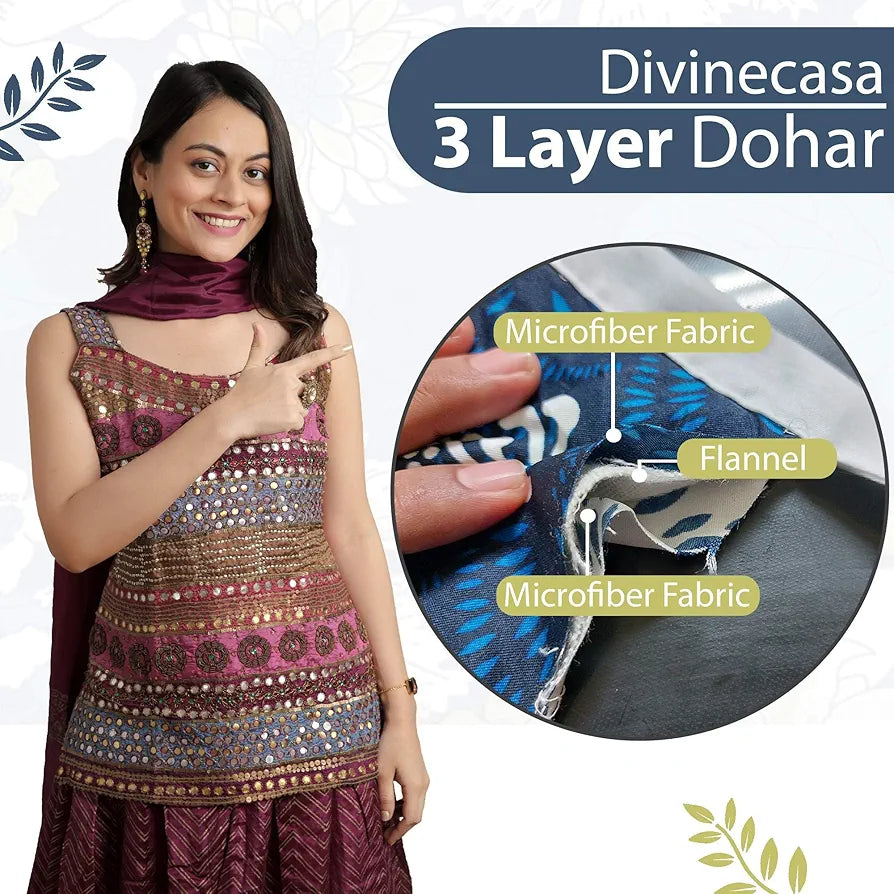 Divine Casa 120 GSM Microfiber Single Dohar Soft & Lightweight Throw Blanket Floral Pattern Colour Galaxy Blue & White