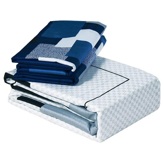 Story@Home Bedsheet for Double Bed Cotton White & Blue 2 Pillow Covers White & Blue Colours