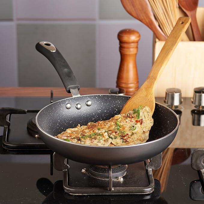 Vinod Zest Marbilo Aluminium Non Stick Frypan - 22 cm | Skillet Pan | 3 mm Thick | 5 Layer Coating | Stain Resistant |Stay Cool Handle