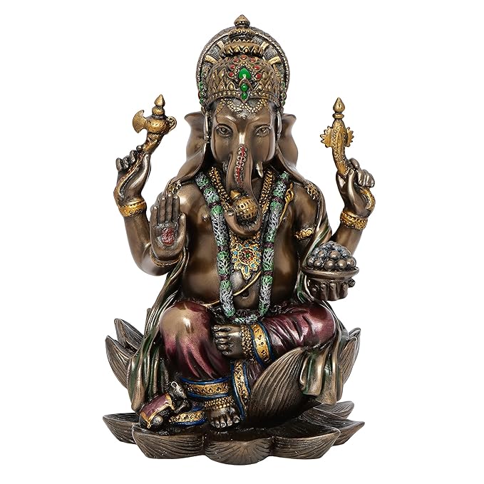 Ecraftindia Handcrafted Polyresin and Bronze Chaturbhuj Lord Ganesha Idol Sitting on Lotus Flower Decorative Statue for Home