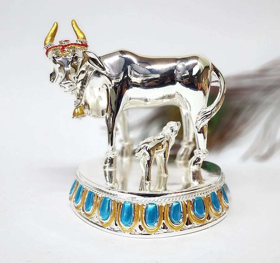 Gold Art India Kamdhenu Cow with Calf 999 Silver Plated Plain Large Size