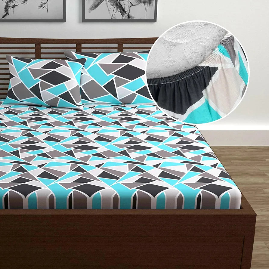 Divine Casa 144 TC 100% Cotton Abstract Print Blue Super Soft Queen Size Fitted Bedsheets Cotton Colour Crystal Teal