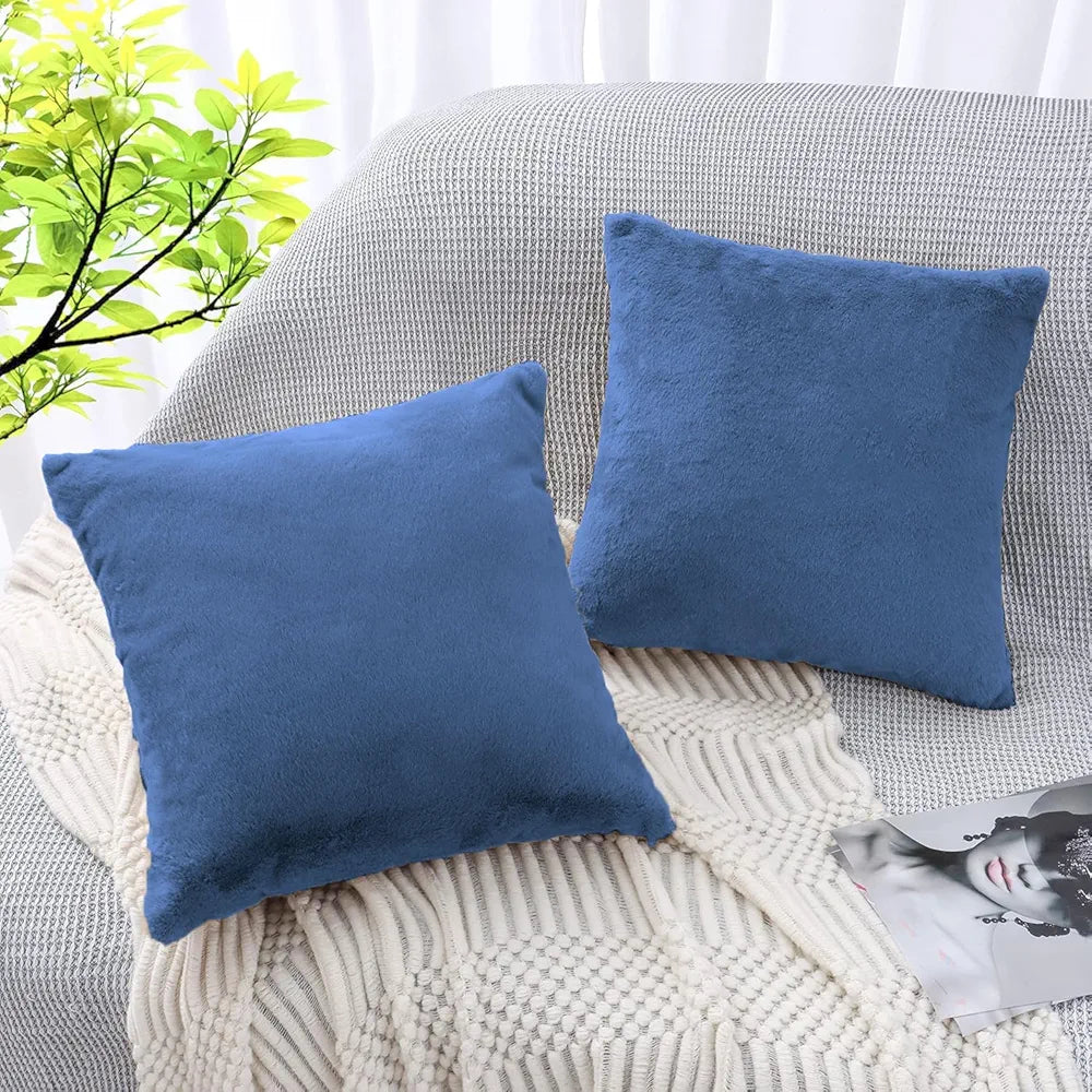 Luxe Home Cushion Cover Duble Side Rabbit Fur Plain Design Covers Set of 2 for Sofa Colour Blue