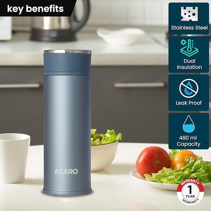 Agaro Elite Stainless Steel Vacuum Flask 480 ml | Double Walled Vacuum Insulated, Copper Insulated