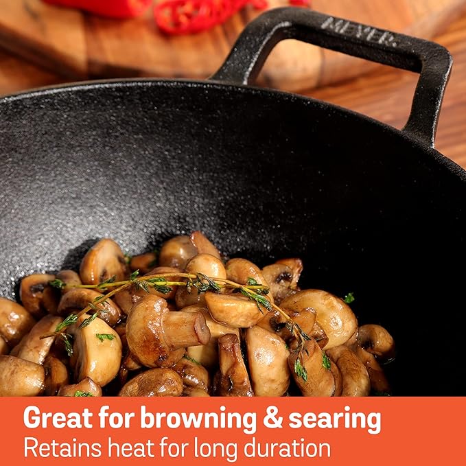 Meyer Pre Seasoned Cast Iron Kadai | Iron Kadhai with Lid 26cm/ 3 Liters Black