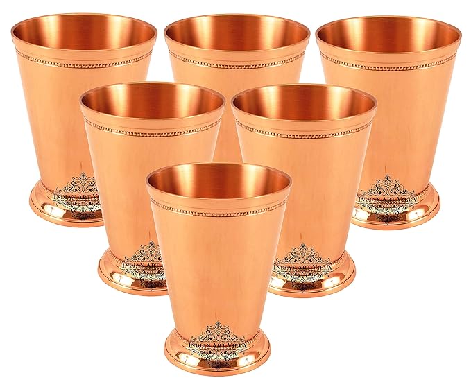 Indian Art Villa Copper Big Top Glass Tumbler Cup with 2 Designer Rings (Pack of 6)