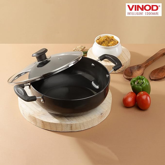 Vinod Black Pearl Plus Hard Anodised Deep Kadhai with Lid - 2.6 Litre, 22 cm | 3.25mm Thick | Natural Stick Free Kadai