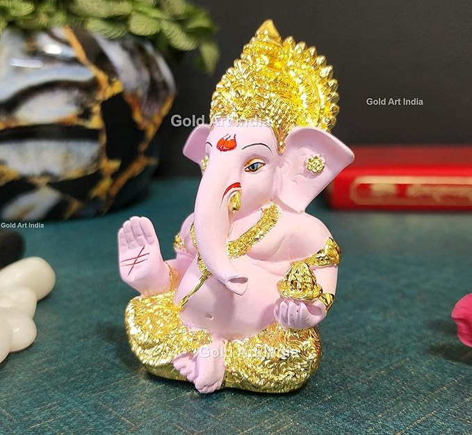 Gold Art India Gold Plated Ganesha with Terracotta Colour Perfect for Car Dashboards (MukutGoldPink)