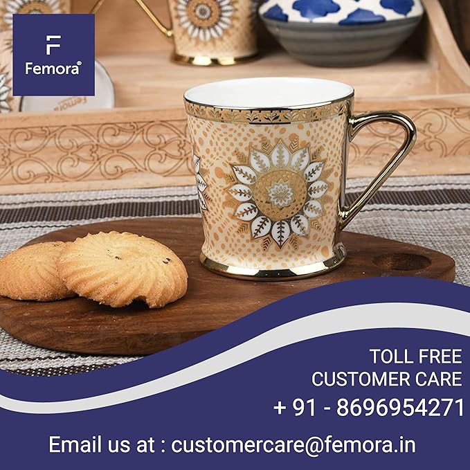 Femora Lotus Pattern With Golden Handle Golden Coffee Mugs | 180 Ml | Golden | 6 Pieces Set | Not Microwave Safe