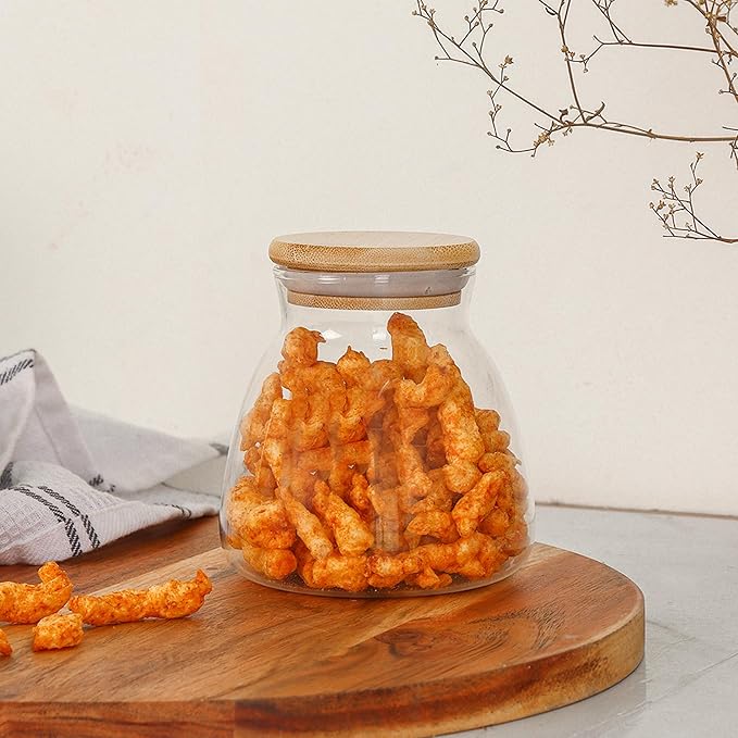 Femora Kitchen Storage Jars Borosilicate Glass With Wooden Lid Air Tight Jar | 450 Ml | Pack of 2