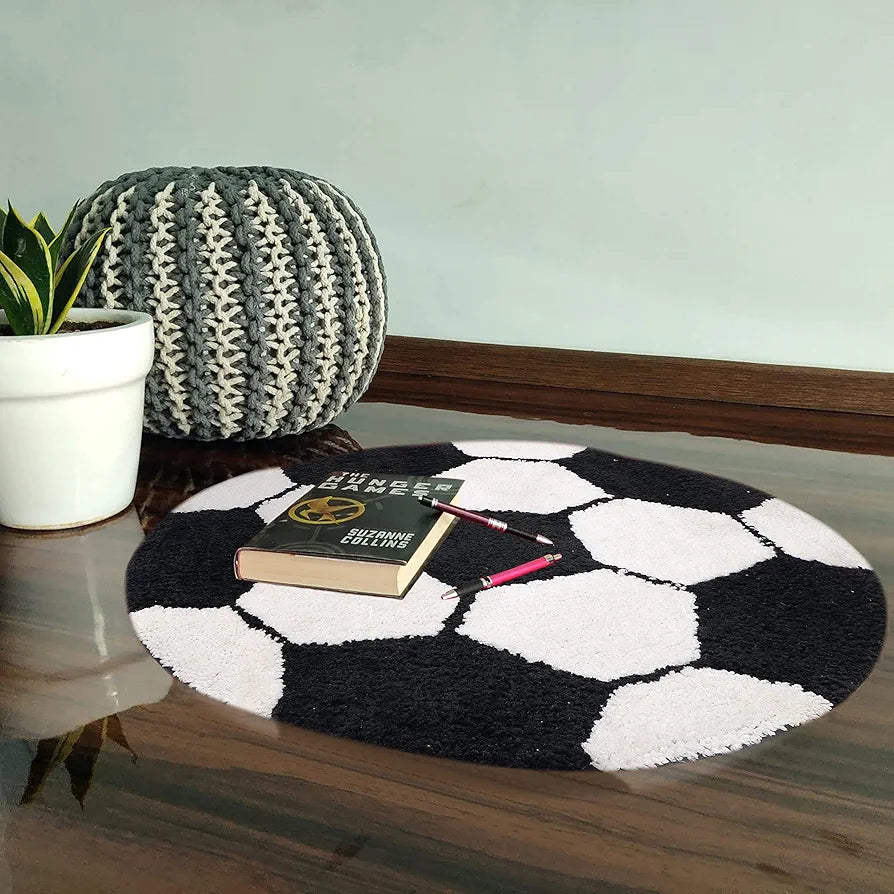 The Home Talk Kids Bath mat Floor Rug Football Design Cotton Round Anti-Skid Backing White & Black