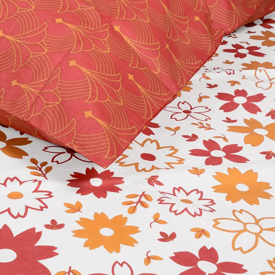 Divine Casa Double Size Bedsheet for Double Bed 144 TC Pure Cotton Queen Size with 2 Pillow Covers Floral Colour Rust White